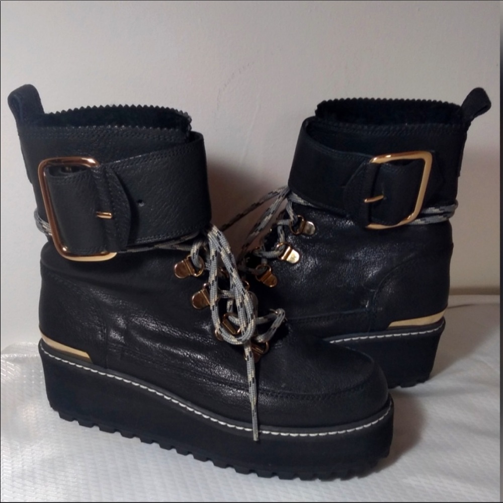 Stuart Weitzman Boots Combat Ankle Buckle Fur Shoe